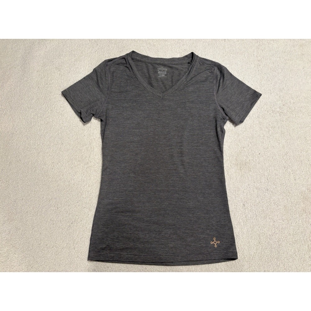 Tommie Coper Women Sz Med V-Neck Short Sleeve Shirt Slate Grey Stripped